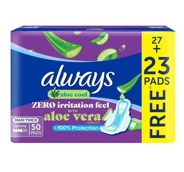 Always Aloe Cool Aloe Vera Essence Zero Irritation Feel Long Maxi Thick Sanitary Pads With Wings 50 pcs